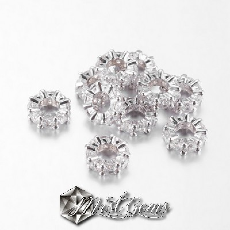 Rondele Argintii Placate cu Cubic Zirconia cu Gaura Larga 8X3mm-1 buc.