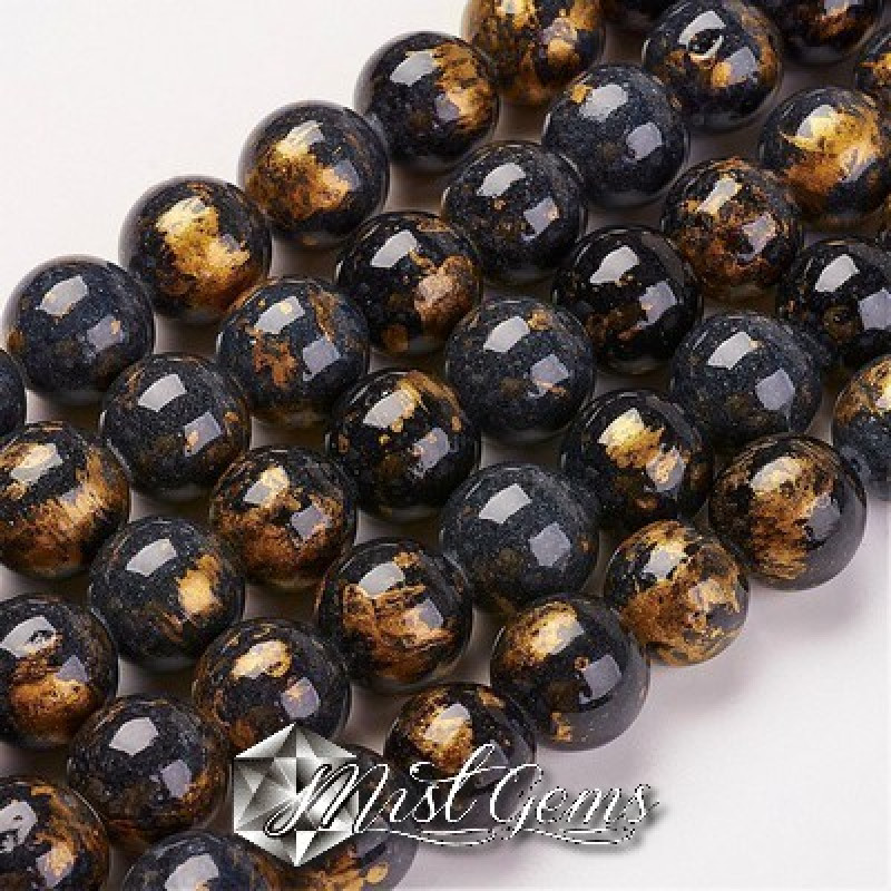 Jad sfere 6mm gri antracit cu auriu-10 buc.