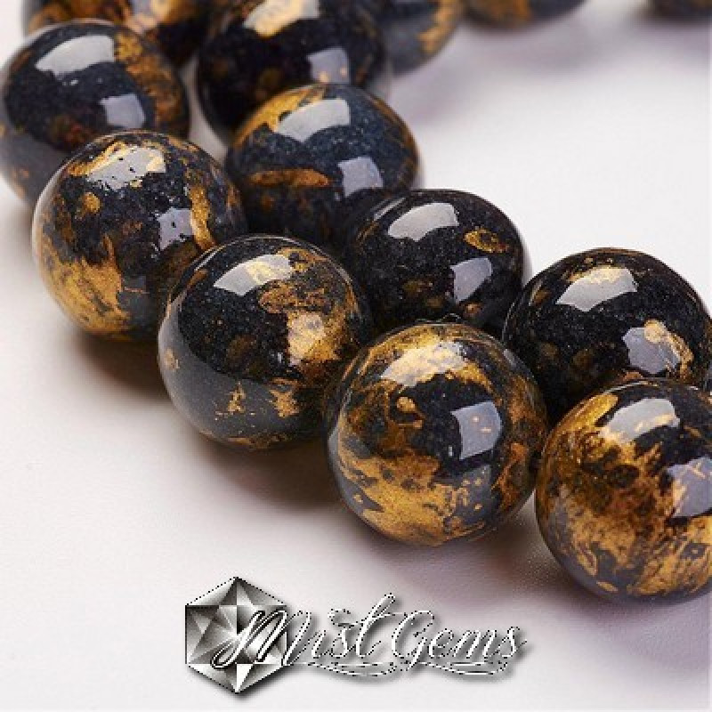 Jad sfere 8mm gri antracit cu auriu-10buc